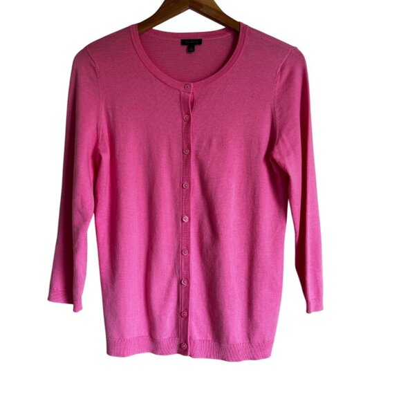 Talbots Size Small Bubblegum Barbie Pink Cotton Blend 3/4 Sleeve Classic Cardiga - Picture 1 of 10